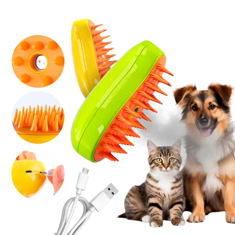 Escova a vapor para gatos e cães 3 em 1 escovas elétricas de pêlos pentes de massagem verde/amarelo